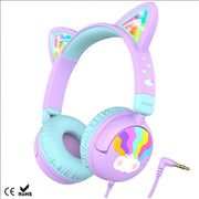 Headphones Cat Ear, LED Light Up, Safe Volume, Stereo Sound, Foldable 3.5mm Wire Connection, Suitable For IPad Tablets