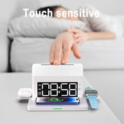 Digital LED Alarm Clock For Bedrooms  Fast Wireless Charger Station For Phone Earphones Smartwatch  Detachable Portable Colorful Big Night Light   USB Charging Port  12 24H  White