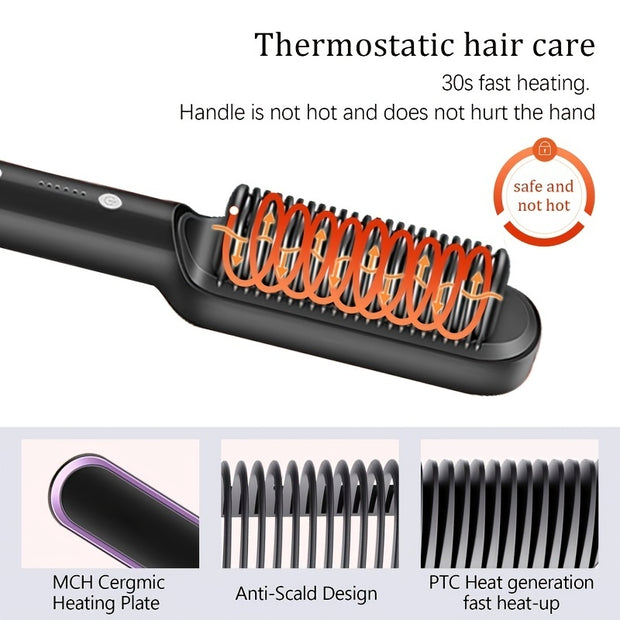 2-in-1 Electric Hair Straightener Brush Hot Comb Adjustment Heat Styling Curler Anti-Scald Comb, 2-in-1 Styling Tool For Long-Lasting Curls And Straight Hair