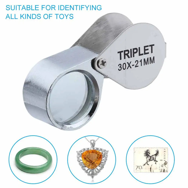 10-30X Pocket Loupe Magnifier Jewelry Magnifying Glass Foldable Diamond Lupa Triplet Jewelers Eye Glass Tool Reading Magnifier