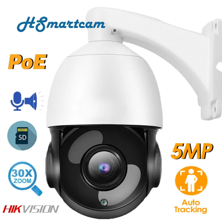 Hikvision Compatible Outdoor POE PTZ IP Camera 5MP 30X Zoom Speed Dome Camera H.265 TF CCTV Auto Tracking 2Way Audio P2P Cameras