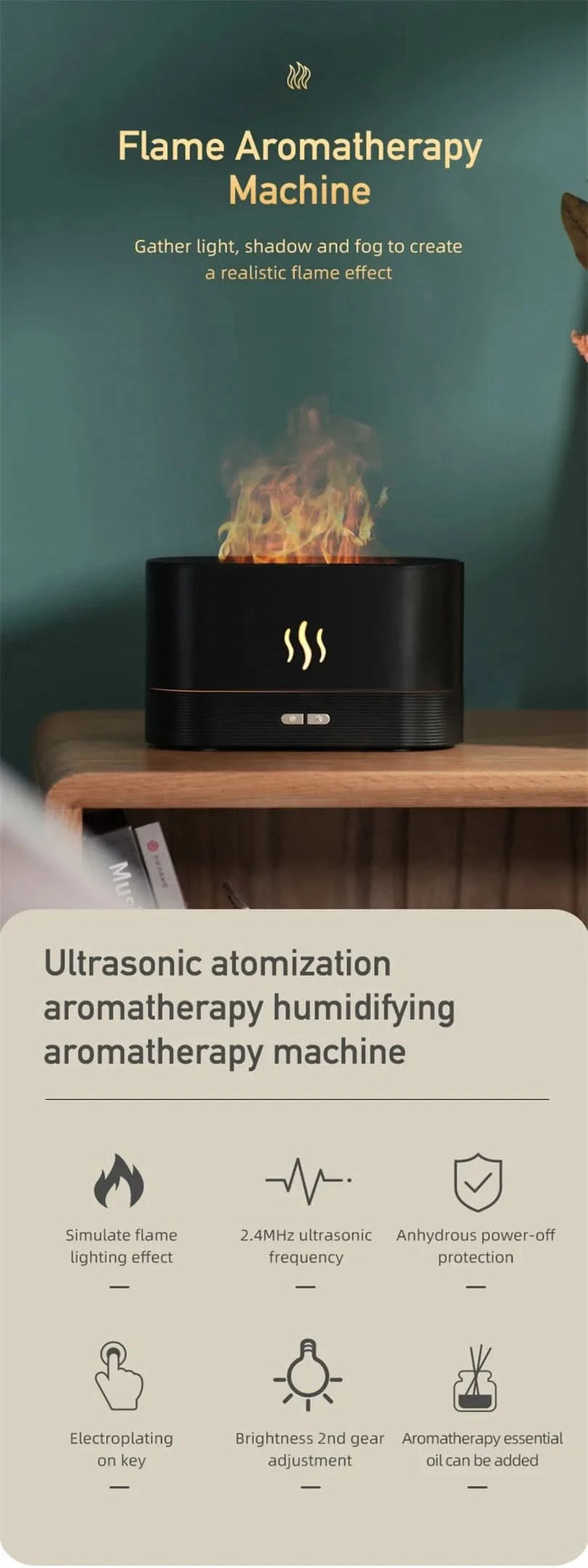 Air Humidifier Essential Oils Aroma Diffuser Creative Flame Humidifier Home Ultrasonic Cool Mist Realistic Fireplace Night Light