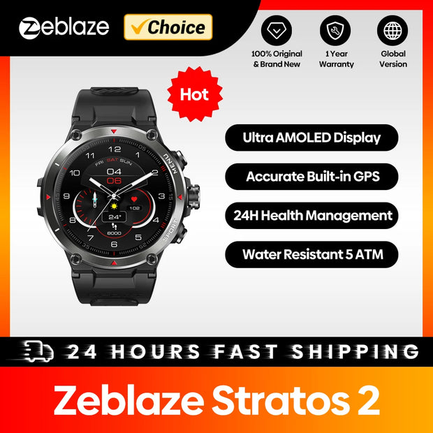 [The New 2022] Zeblaze Stratos 2 GPS Smart Watch AMOLED Display 24h Health Monitor 5 ATM Long Battery Life Smartwatch for Men