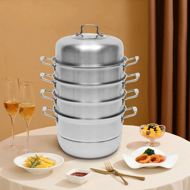 5 Tier Stainless Steel Steamer Cookware Steam Pot Food Cooker Pot +Lid  for Induction and Gas Cooker Kitcken