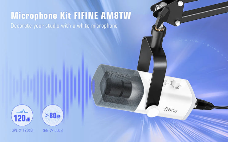 FIFINE USB/XLR Gaming Microphone Kit with Headphone Jack/RGB/Boom Arm,Dynamic Mic Set for PC PS5/4 Mixer AmpliGame White-AM8TW