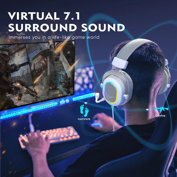 FIFINE RGB Gaming Headset with 7.1 Surround Sound/3-EQ/MIC,Over-ear Headphone with In-line Control for PC PS4 PS5 Ampligame-H6W