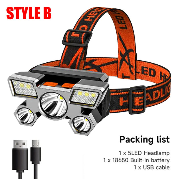 5 LED Headlamp Rechargeable with Built in 18650 Battery Strong Light Headlight Camping Adventure Fishing Head Light Flashlight