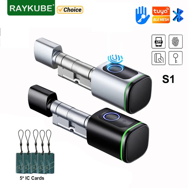 RAYKUBE S1 Tuya BLE TT Lock Smart Electronic Door Lock with DIY Cylinder Core Fingerprint APP Keys IC Card Unlock for Home Hotel