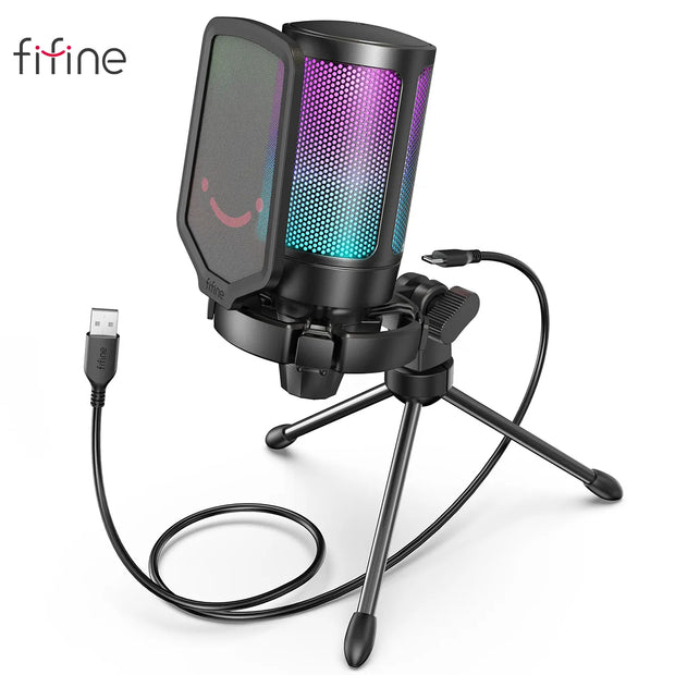 FIFINE USB Condenser Gaming Microphone, for PC PS4 PS5 MAC with Pop Filter Shock Mount&Gain Control for Podcasts ,Ampligame A6V