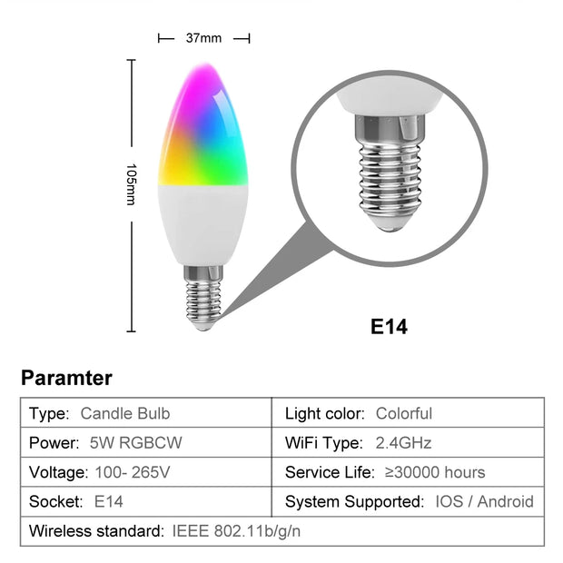 AVATTO Tuya WiFi 6W Smart Candle Bulb,Smart Life App Remote, RGB Led Lamp Bulb Dimmable,Works for Alexa,Google Home