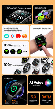 HAYLOU Watch S8 Smart Watch 1.96'' AMOLED Curved Screen Smartwatch Bluetooth Call AI Vioce Assistant Smartwatches for Men