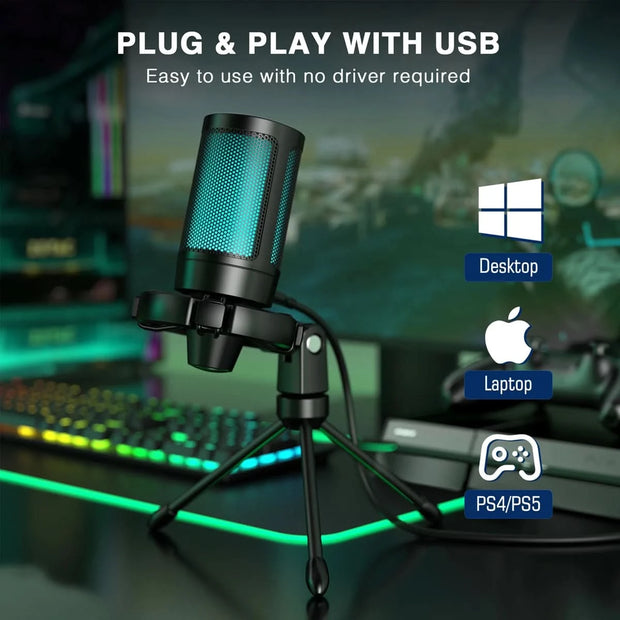 AmpliGame RGB USB Gaming Microphone with Light-touch Mute,Condenser Mic with Tripod for PC,PS4/5,Laptop Streaming-A2