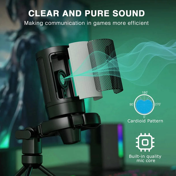 AmpliGame RGB USB Gaming Microphone with Light-touch Mute,Condenser Mic with Tripod for PC,PS4/5,Laptop Streaming-A2