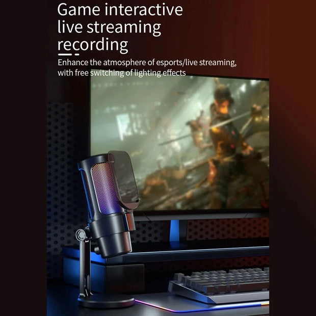 M8 USB Gaming Microphone Computer Mic Kit RGB Lighting with Tripod Cardioid Mode Pick-up One Key to Mute and Gain Knob for Live