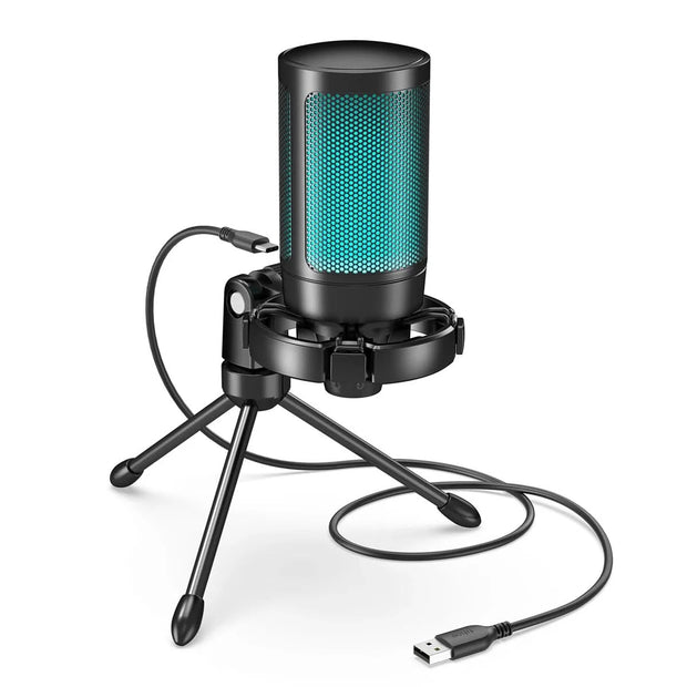 AmpliGame RGB USB Gaming Microphone with Light-touch Mute,Condenser Mic with Tripod for PC,PS4/5,Laptop Streaming-A2
