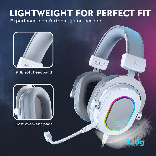 FIFINE RGB Gaming Headset with 7.1 Surround Sound/3-EQ/MIC,Over-ear Headphone with In-line Control for PC PS4 PS5 Ampligame-H6W