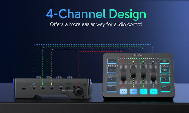 FIFINE Gaming Audio Mixer,Streaming 4-Channel RGB Mixer with XLR Microphone Interface,for Game Voice,Podcast,AmpliGame SC3