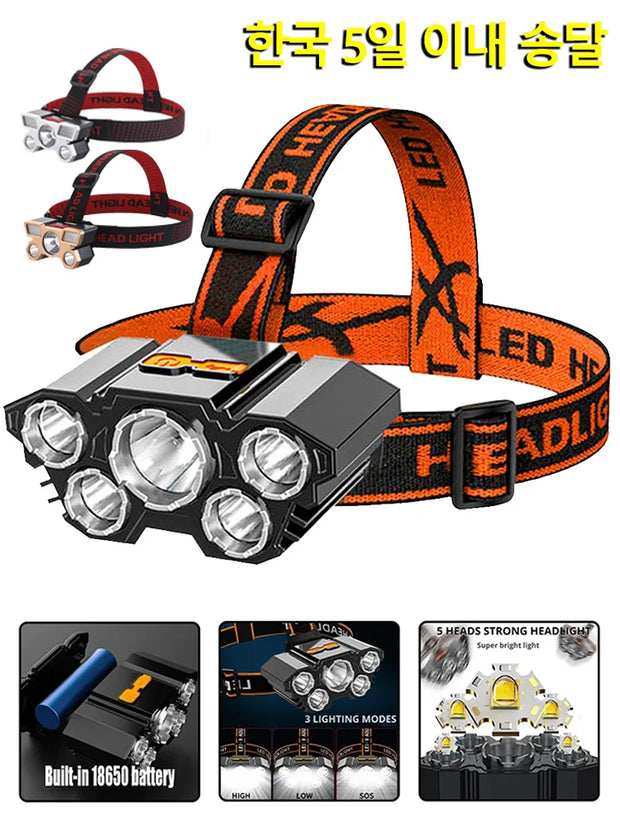 5 LED Headlamp Rechargeable with Built in 18650 Battery Strong Light Headlight Camping Adventure Fishing Head Light Flashlight