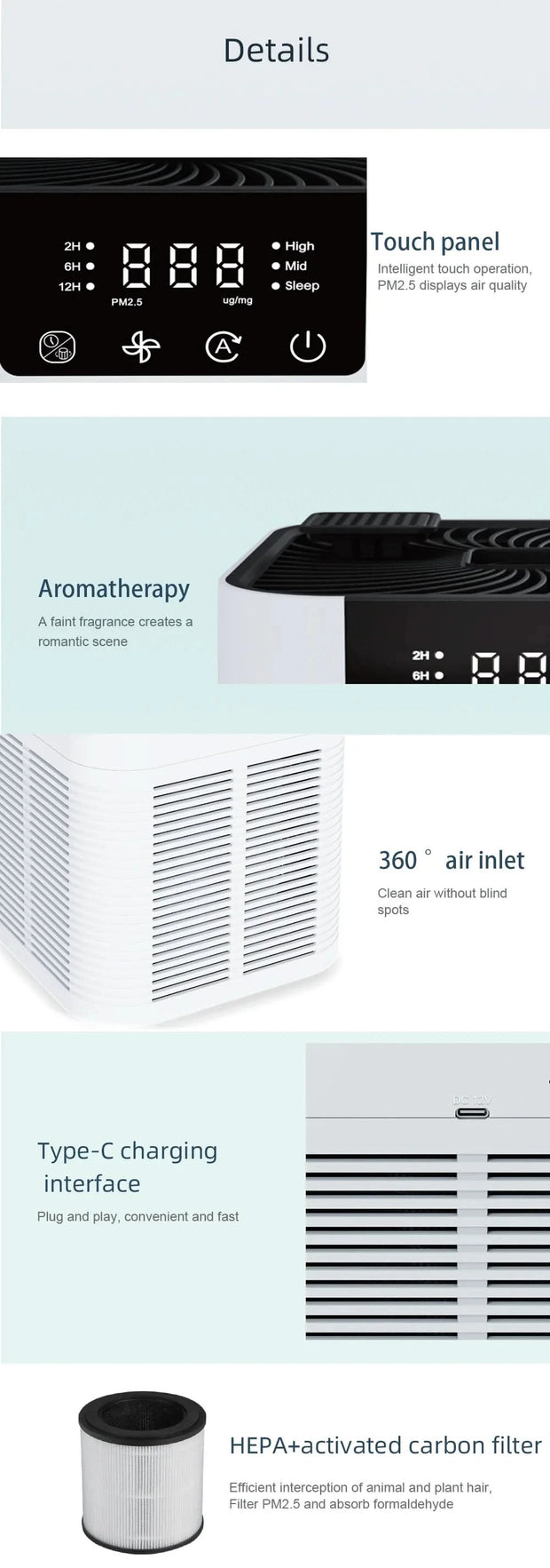 Air Purifier Smoke Odor Negative Ion Generator Bedroom Quiet Air Cleaner for Household HEPA Filter Efficient Purifying Air