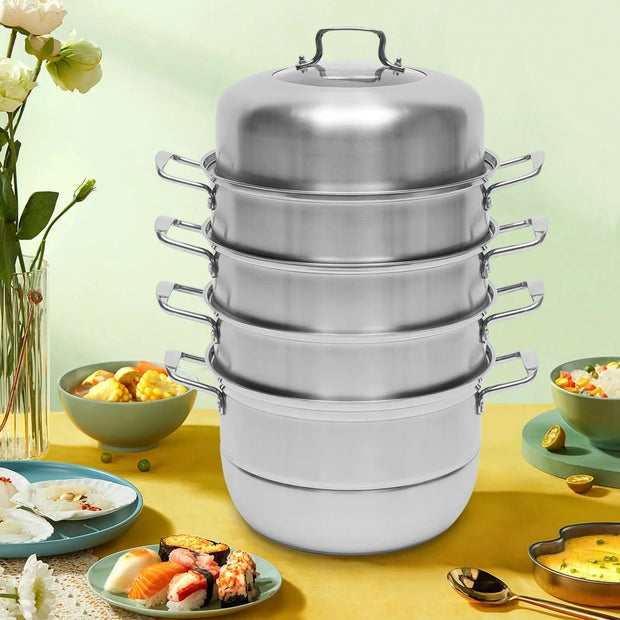 5 Tier Stainless Steel Steamer Cookware Steam Pot Food Cooker Pot +Lid  for Induction and Gas Cooker Kitcken