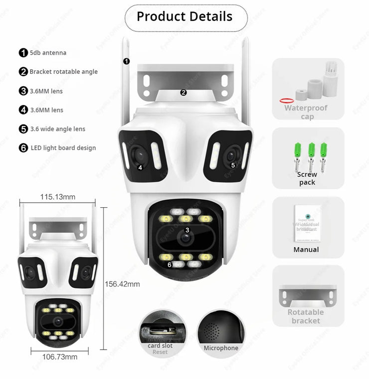 6K 12MP HD IP Camera WiFi Three Lens Three Screens PTZ Outdoor Security Cams Ai Auto Tracking CCTV Video Surveillance ICSEE P2P