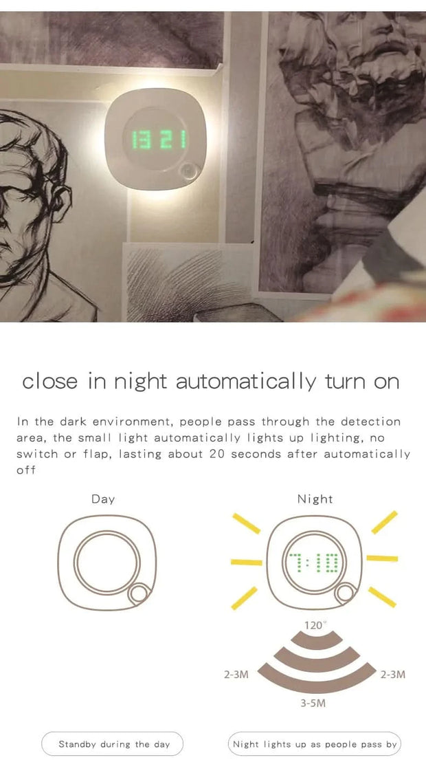 Motion Sensor Night Lights LED USB Rechargeable Lamp with Digital Clock for Bedroom Kitchen Stair Hallway Wardrobe
