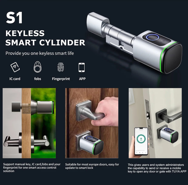 RAYKUBE S1 Tuya BLE TT Lock Smart Electronic Door Lock with DIY Cylinder Core Fingerprint APP Keys IC Card Unlock for Home Hotel