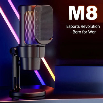 M8 USB Gaming Microphone Computer Mic Kit RGB Lighting with Tripod Cardioid Mode Pick-up One Key to Mute and Gain Knob for Live