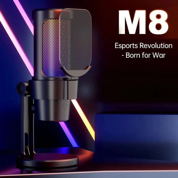 M8 USB Gaming Microphone Computer Mic Kit RGB Lighting with Tripod Cardioid Mode Pick-up One Key to Mute and Gain Knob for Live