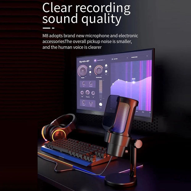 M8 USB Gaming Microphone Computer Mic Kit RGB Lighting with Tripod Cardioid Mode Pick-up One Key to Mute and Gain Knob for Live