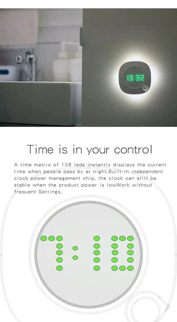 Motion Sensor Night Lights LED USB Rechargeable Lamp with Digital Clock for Bedroom Kitchen Stair Hallway Wardrobe