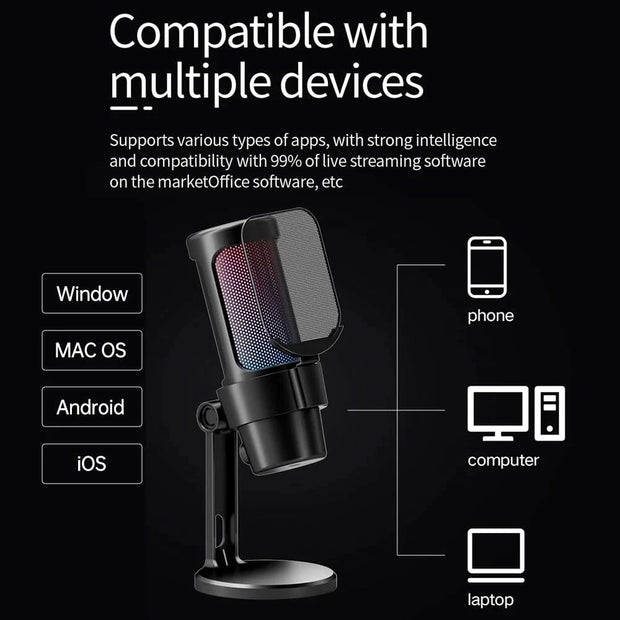 M8 USB Gaming Microphone Computer Mic Kit RGB Lighting with Tripod Cardioid Mode Pick-up One Key to Mute and Gain Knob for Live
