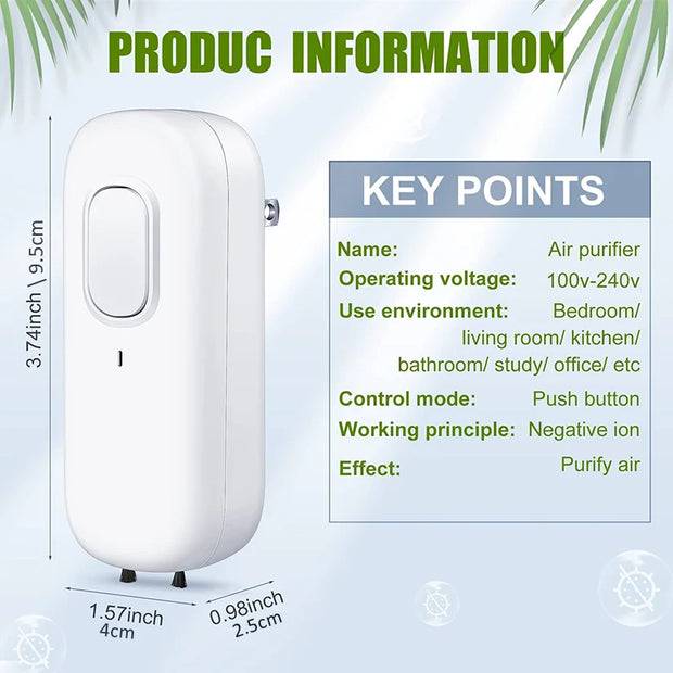 Mini Air Purifier For Home, Plug-in Negative Ion Generator Air Purifier No Filter Household Odor Eliminator Cleaner