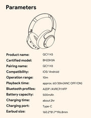 QCY H3 ANC Wireless Headphones Bluetooth 5.4 Hi-Res Audio Over Ear Headset 43dB Hybrid Active Noise Cancellation Earphones 60H