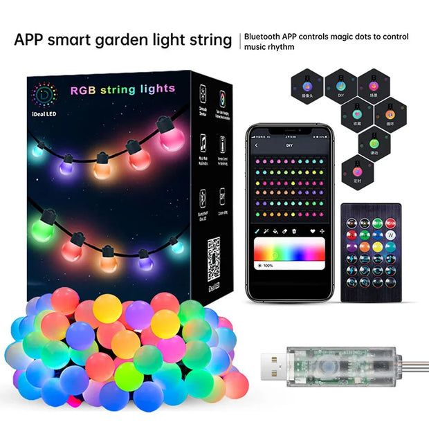 Smart APP Outdoor RGB String Lights 33Ft Patio Lights Dimmable RGB LED Bulbs Color Changing Hanging Lights For Christmas Party