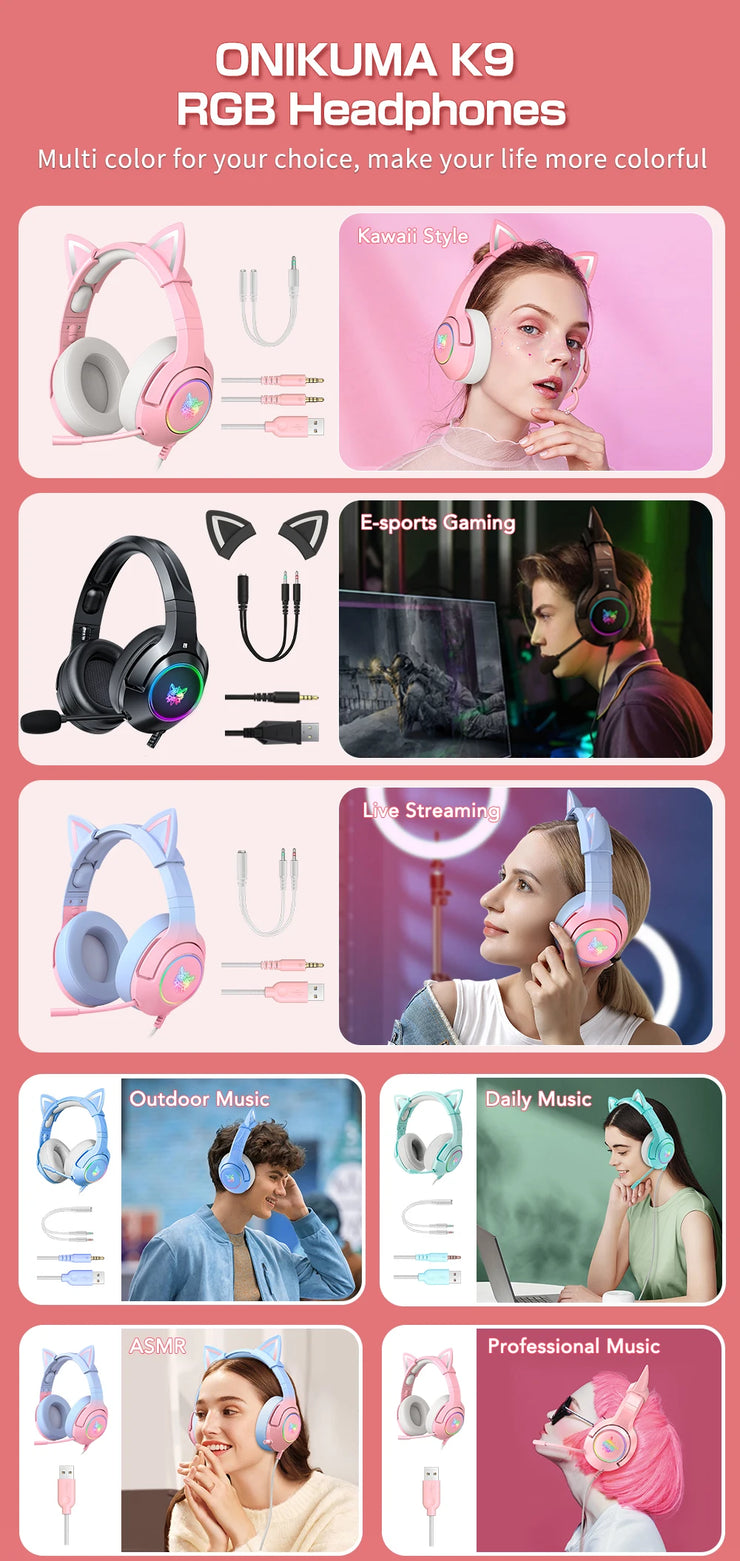 ONIKUMA K9 Wired Headphones with RGB Light Flexible HD Mic Gaming Headset Gamer 7.1 Surround Computer Earphones for PC Gamer