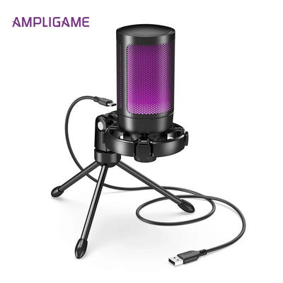 AmpliGame RGB USB Gaming Microphone with Light-touch Mute,Condenser Mic with Tripod for PC,PS4/5,Laptop Streaming-A2