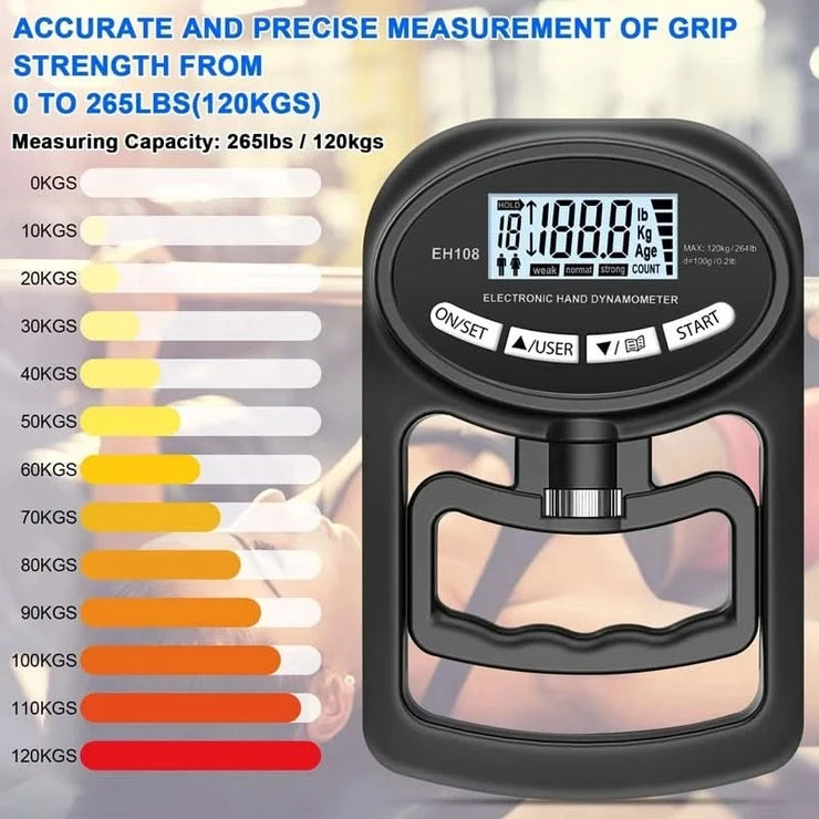 Grip Strength Tester 265Lbs/120Kg Digital Hand Dynamometer Grip Strength Meter USB LCD Screen Hand Grip for Power Training Sport