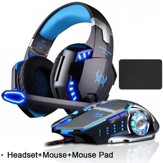 EACH G2000 Gaming Headset Deep Bass Stereo Game Headphone with Microphone LED Light for PC Laptop PS4+Gaming Mouse+Mice Pad