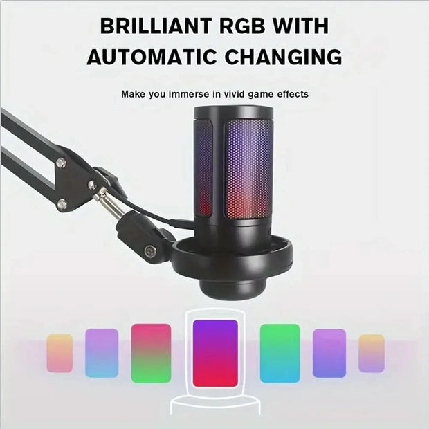 Gaming USB microphone, noise-canceling condenser microphone,with microphone stand, monitoring,suitable for streaming, podcasting