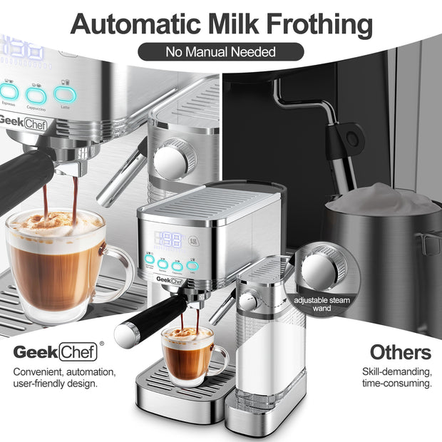 Geek Chef Espresso And Cappuccino Machine With Automatic Milk Frother,20Bar Espresso Maker For Home, For Cappuccino Or Latte,with ESE POD Filter, Stainless Steel, Gift For Coffee Lover Ban On Amazon