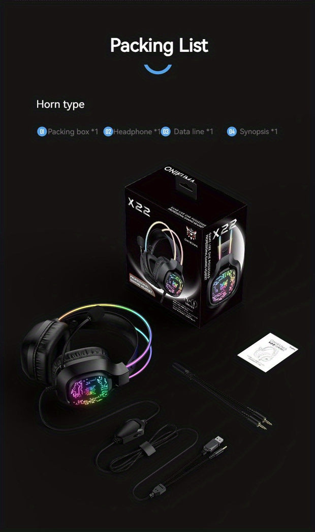 ONIKUMA X22 Gaming Headset RGB Dynamic Lighting Wired Over-Ear Headphones With Noise-Canceling Mic For PC PS4 Xbox PS5